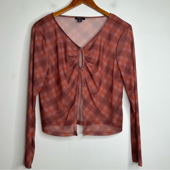 Nasty Gal Check Print Long Sleeve Mesh Top Size 10 - Picture 2 of 9